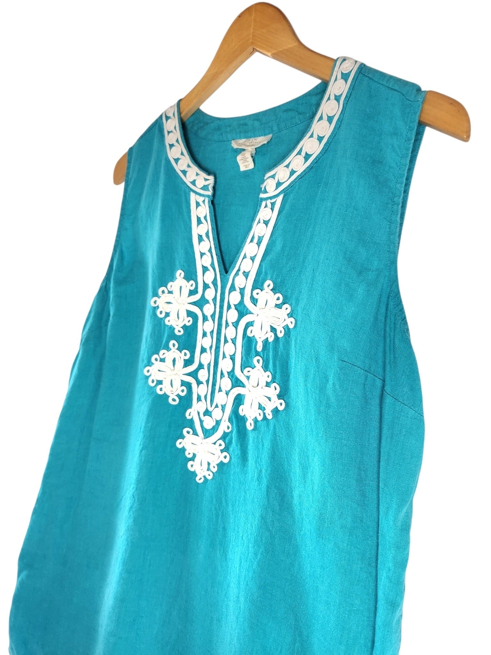 Charter Club Luxury 100% Linen Embroidered Sleeveless Tunic Top Teal Coastal Med - Picture 3 of 12
